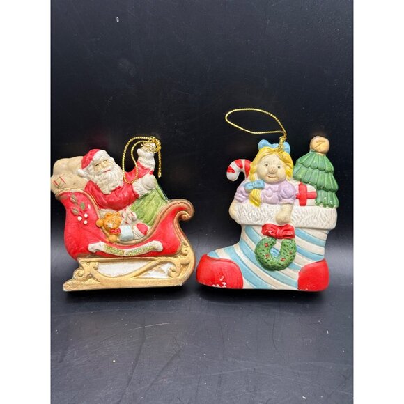 Vintage Set of 2 Christmas Ceramic Ornaments Santa Sleigh & Toy Stocking - Picture 1 of 14